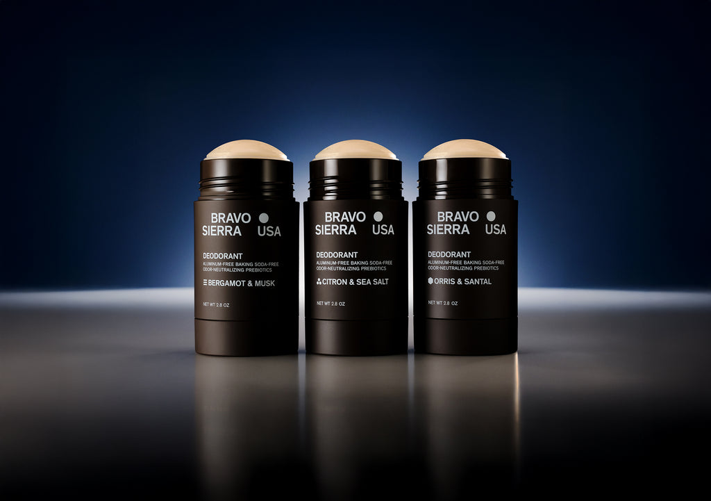 Bravo Sierra deodorants in Bergamot & Musk, Citron & Sea Salt, Orris & Santal, aluminum-free, 2.8 oz each.