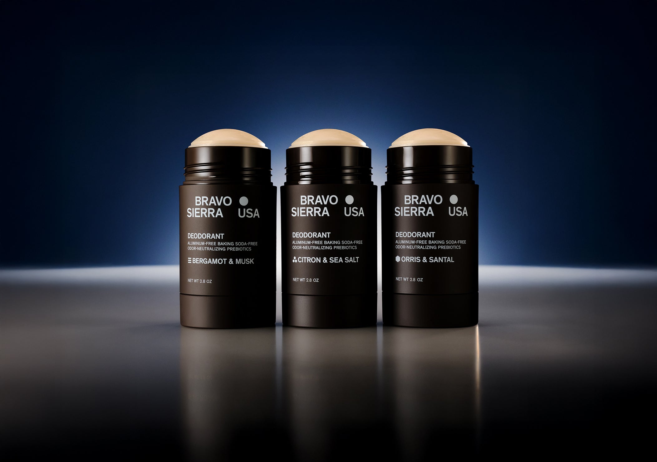Bravo Sierra deodorants in Bergamot & Musk, Citron & Sea Salt, Orris & Santal, aluminum-free, 2.8 oz each.