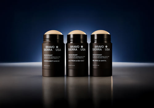 Bravo Sierra deodorants in Bergamot & Musk, Citron & Sea Salt, Orris & Santal, aluminum-free, 2.8 oz each.