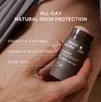 Hand holding a Bravo Sierra deodorant stick with product details on a neutral background