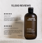 Brown bottle of Bravo Sierra USA body wash with customer reviews on a light gray background