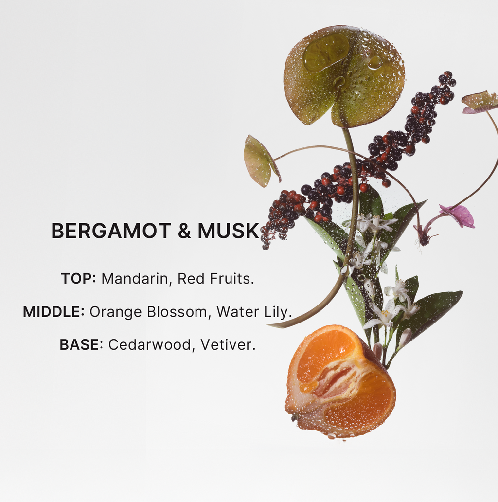 Floral arrangement with bergamot and musk description on a light gray background