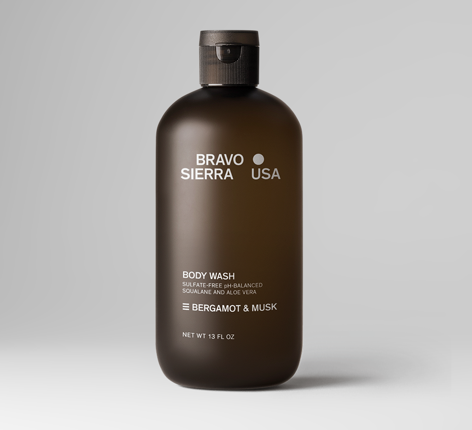 Bravo Sierra Bergamot & Musk Body Wash, 13 fl oz, sulfate-free, pH-balanced with squalane and aloe vera.