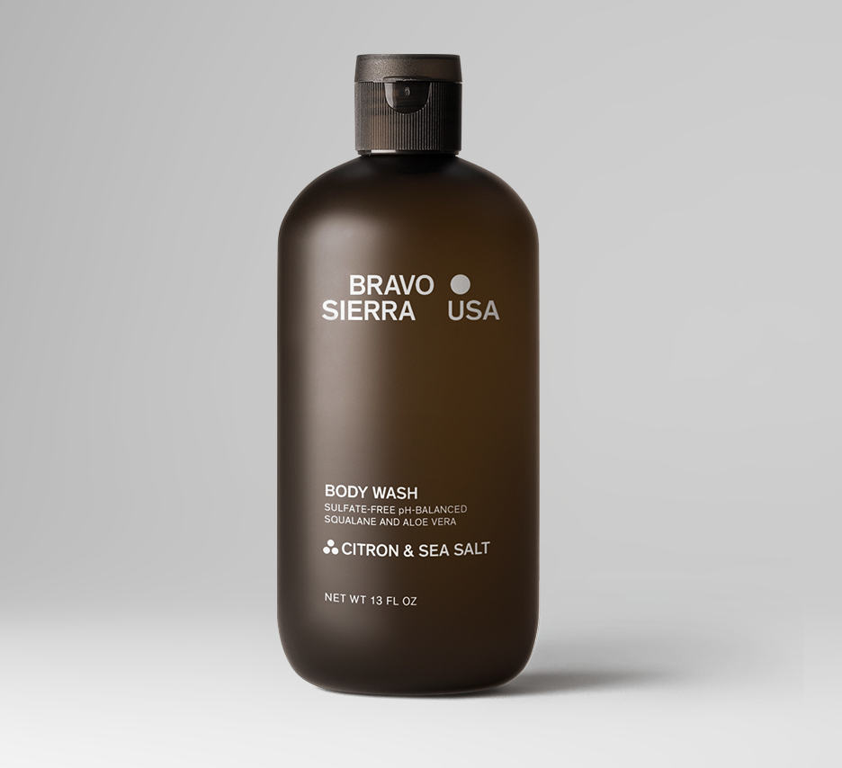 Bravo Sierra Body Wash, 13 fl oz, sulfate-free, with citron and sea salt, enriched with squalane and aloe vera.
