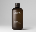 Bravo Sierra body wash in brown bottle, sulfate-free pH-balanced with squalane, aloe vera, mandarin & moss scent.