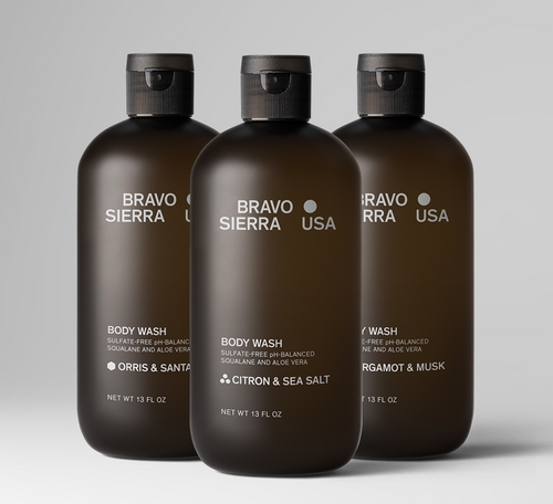Bravo Sierra body wash trio: Orris & Santa, Citron & Sea Salt, Bergamot & Musk, 13 fl oz, sulfate-free.