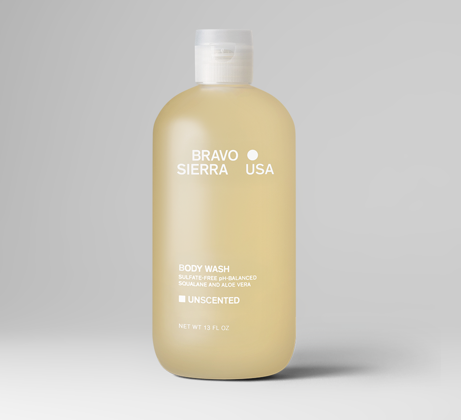 Bravo Sierra unscented body wash, 13 fl oz, sulfate-free, pH-balanced with squalane and aloe vera.
