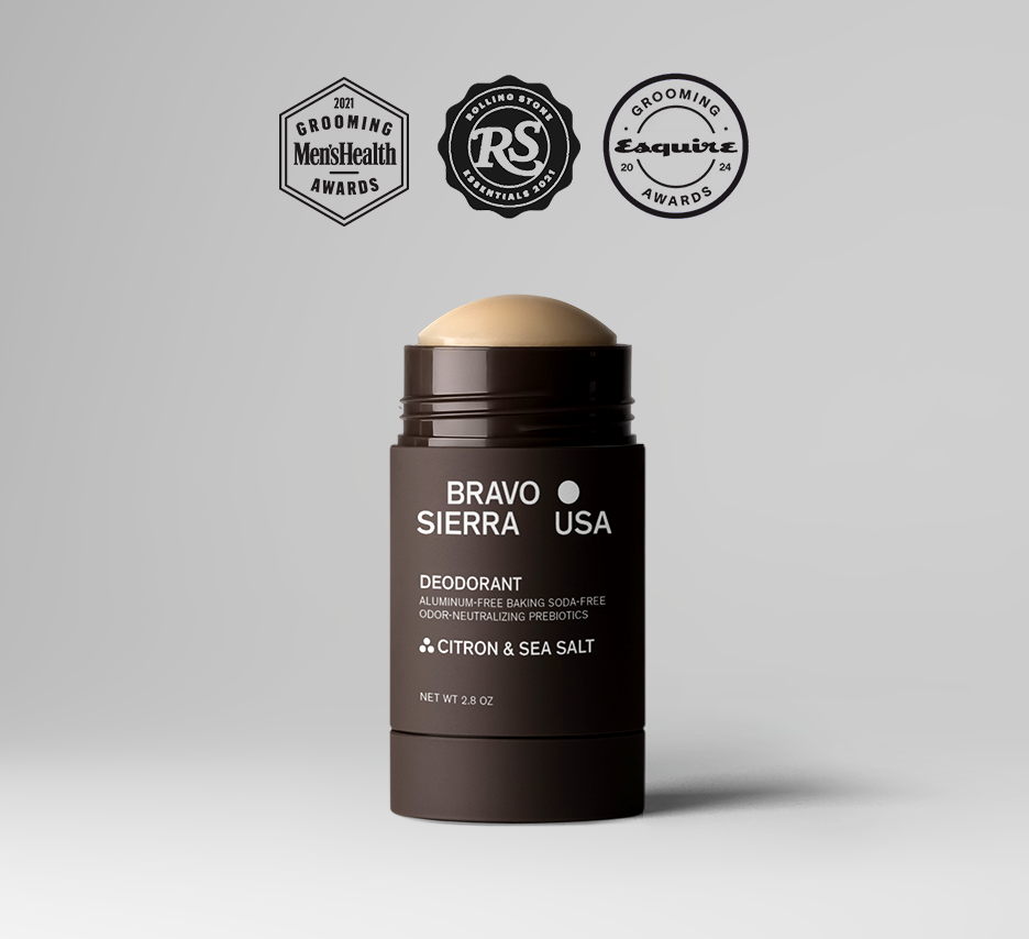 Bravo Sierra deodorant, aluminum-free, with citron and sea salt scent, 2.8 oz stick.