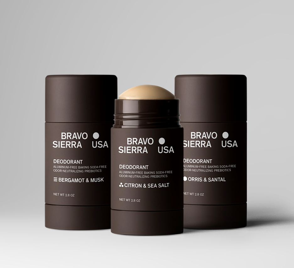 Bravo Sierra aluminum-free deodorant trio in dark packaging: Bergamot & Musk, Citron & Sea Salt, Orris & Santal.