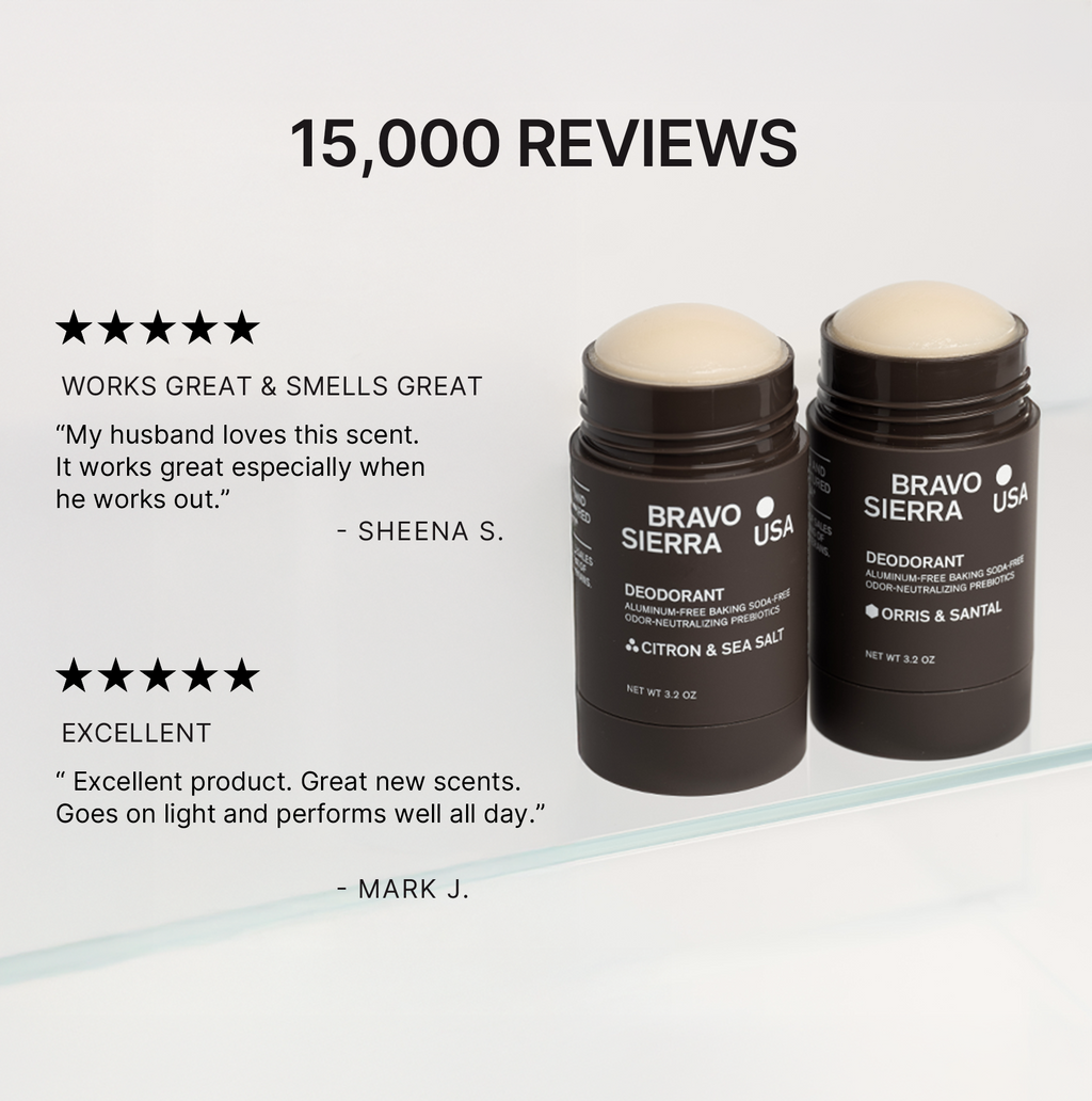 Two Bravo Sierra deodorant sticks with customer reviews on a light gray background