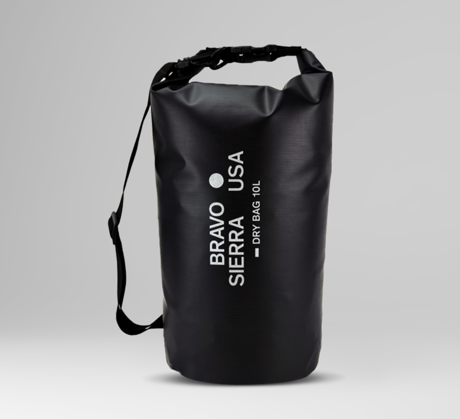 10L waterproof dry bag in black by Bravo Sierra, ideal for outdoor adventures and keeping gear dry.