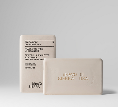 Bravo Sierra Face & Body Cleansing Bar, 5 oz, fragrance-free, pH-balanced, with shea butter and oat flour.