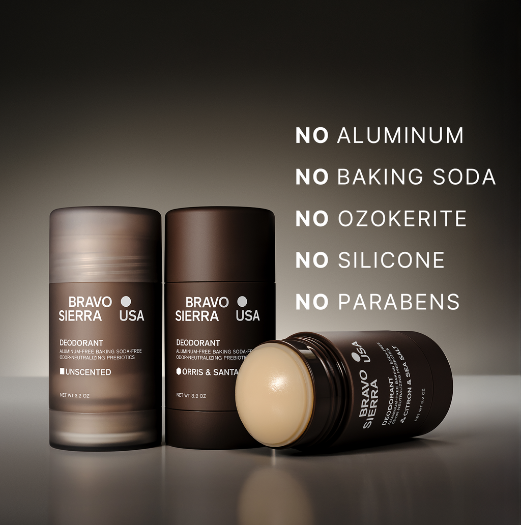 Three Bravo Sierra deodorant sticks on a gray background with product features listed.