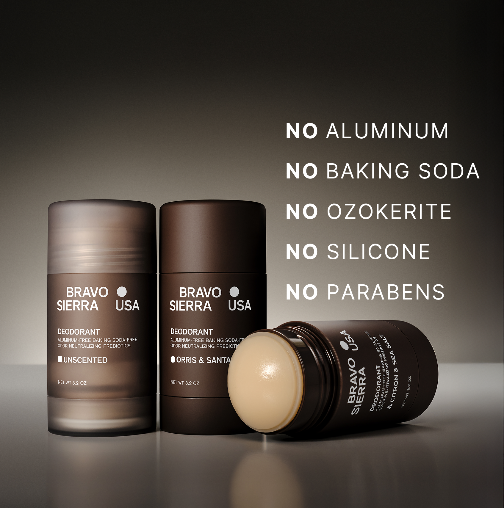Three Bravo Sierra deodorant sticks on a gray background with product features listed.