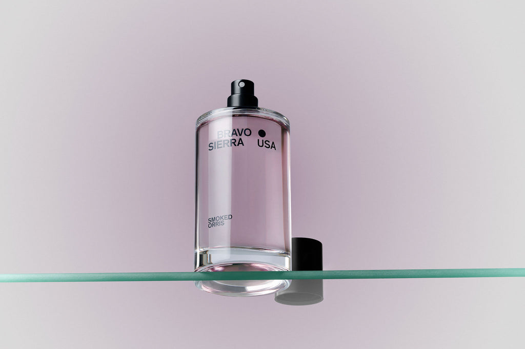 Bravo Sierra Smoked Orris perfume, 100ml clear glass bottle with black cap, elegant scent.