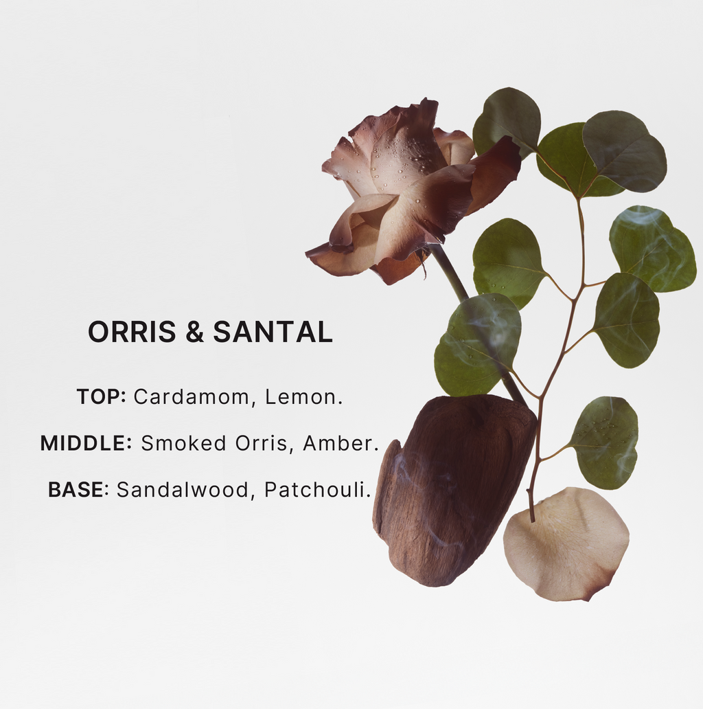 Floral arrangement with text describing fragrance notes on a light gray background