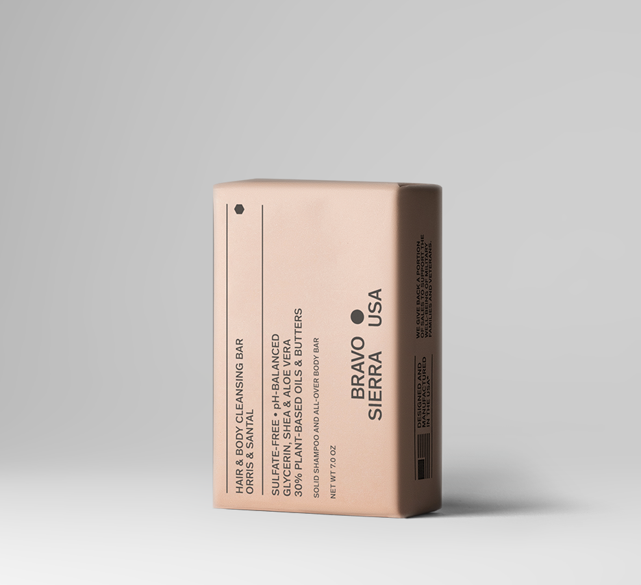 Bravo Sierra hair and body cleansing bar in Sandalwood, sulfate-free, pH balanced, 7 oz.