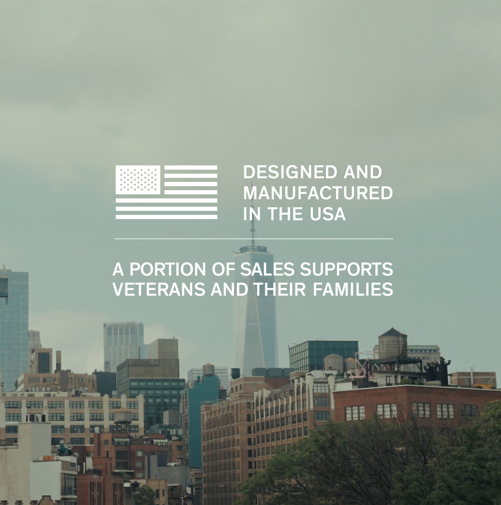 Cityscape with text overlay about U.S. manufacturing and support for veterans.